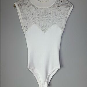 White Sleeveless Bodysuit with Lace Detail
